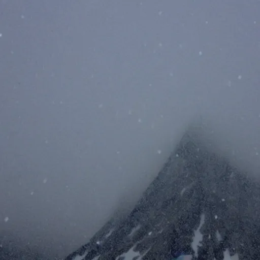 Prompt: a large mountain in the artic with a large eldritch monster peeking its head from around the mountain. grainy, snowing, overcast sky, slight fog.