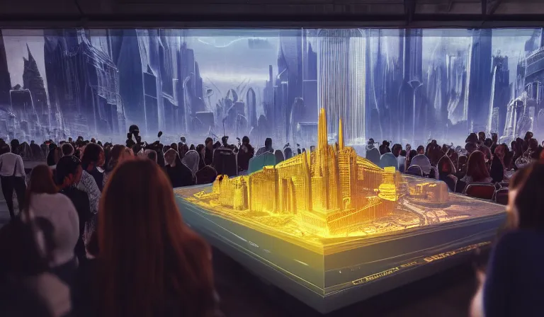 Prompt: crowd of people in large open museum, looking at hologram of futuristic metropolis on a table, cinematic concept art, godrays, golden hour, natural sunlight, 4 k, clear details, tabletop model buildings, center model buildings, hologram center, crane shot, wide shot, high shot