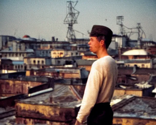 Image similar to lomo photo of man standing on the roof of soviet hrushevka, small town, cinestill, bokeh, out of focus