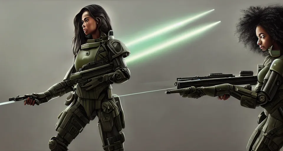 Image similar to a photorealistic painting of an attractive young girl, clothed in stealth-battle armor with a giant sci-fi sniperrifle in her hands, olive skin, long dark hair snd ebony skin, symmetrical face, a futuristic hover-tank with heavy laser-turret in the background, intricate details, elegant, digital painting, illustration, sharp focus, minimal artifacts, from Metal Gear, in the style of Ruan Jia and Mandy Jurgens and Greg Rutkowski, trending on Artstation, award winning, unreal engine, octane render