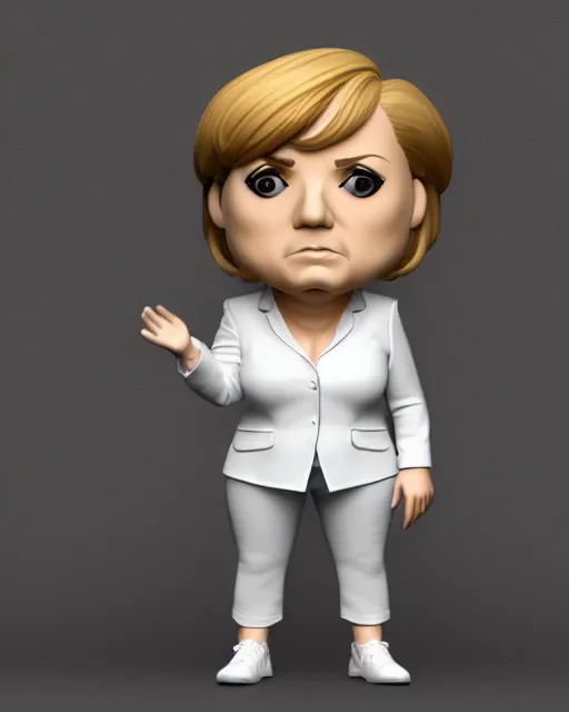 Image similar to full body 3d render of angela merkel as a funko pop, studio lighting, white background, blender, trending on artstation, 8k, highly detailed