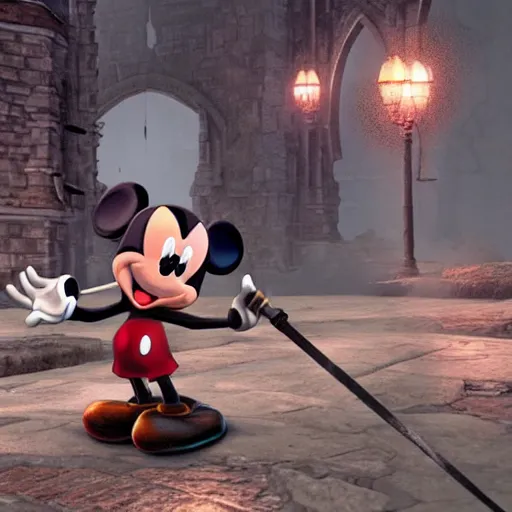 Image similar to Mickey Mouse in Darksouls, screenshot, game magazine