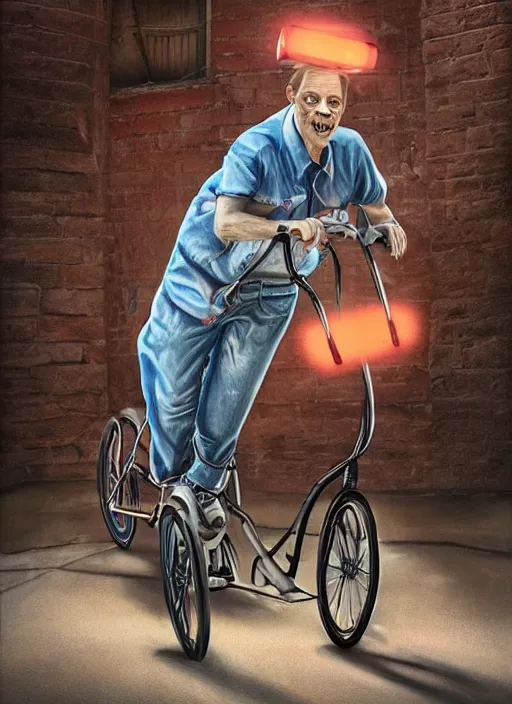 Image similar to hyperrealism steve buscemi riding a tricycle, light effect, hyper detailed, claymation, cartoon, detailed, realistic materials, sharp focus, synthwave, neon, modern