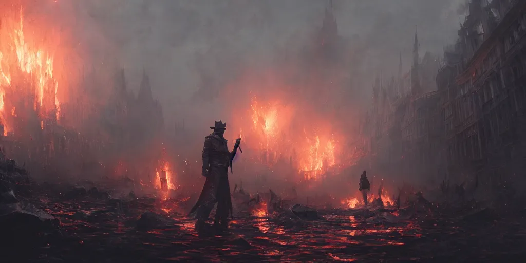 Prompt: It's just a burning memory by Greg Rutkowski, Sung Choi, Mitchell Mohrhauser, Maciej Kuciara, Johnson Ting, Maxim Verehin, Peter Konig, Bloodborne, 8k photorealistic, cinematic lighting, HD, high details, dramatic, dark atmosphere, trending on artstation