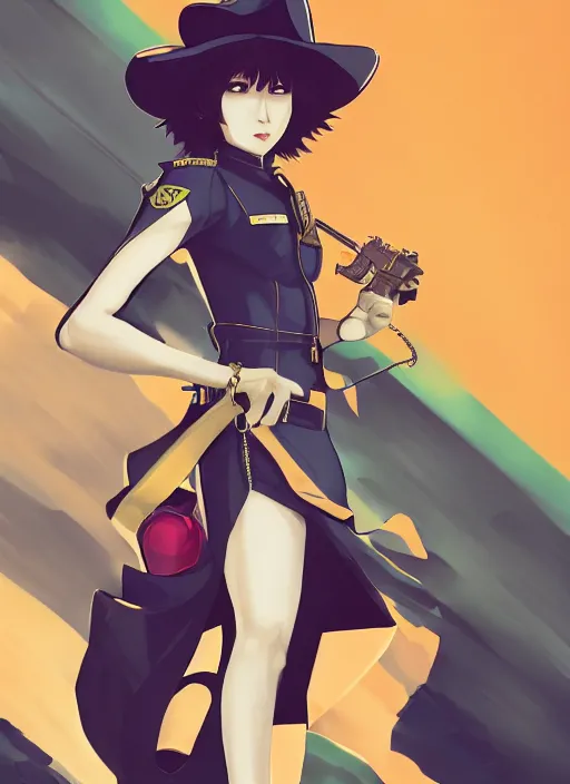 Image similar to full size persona, female sheriff, detail, ultra sharpness, beautiful female, detailed face, art by huyy nguyen, style by cain kuga, cowboy bebop art style, 3 2 beautiful color palettes with their corresponding gradient