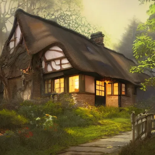 Image similar to concept art painting of an english european cottage with japanese architecture, in the woods, cozy, realistic, detailed, cel shaded, in the style of makoto shinkai and greg rutkowski and james gurney