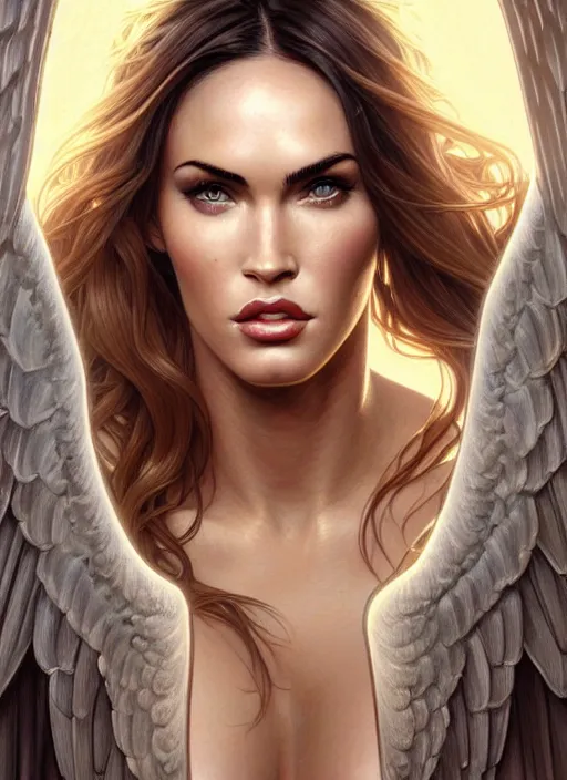 Prompt: portrait of megan fox as an sultry blonde angel, wings, bible, intricate, headshot, highly detailed, digital painting, artstation, concept art, sharp focus, cinematic lighting, illustration, art by artgerm and greg rutkowski, alphonse mucha, cgsociety