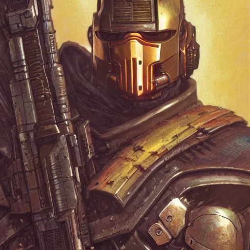 Image similar to the doomslayer as a cyberpunk knight, closeup portrait art by norman rockwell and donato giancola and greg rutkowski