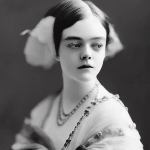 Prompt: Edwardian photograph of Elle Fanning, elegant, 1910s, 1900s, 1920s, grainy, detailed, realistic