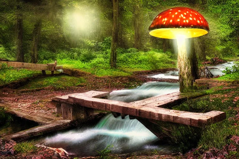 Image similar to giant glowing mushrooms next to a small bridge, flowing water, digital art, scenic,