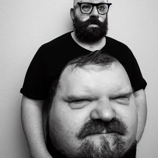 Prompt: A Portrait of Richard Wikström, a bearded swedish man, stocky and short, overweight man in his late 30's or early 40's, he has a wide nose living and is living in Luleå or Boden in the northern part of Sweden, he has old school tattos on his sleeves and very large black frame glasses from Gucci. Detailed digital art, portrait, D&D, fantasy, highly detailed, digital painting, artstation, concept art, sharp focus, illustration, art by artgerm and greg rutkowski and alphonse mucha