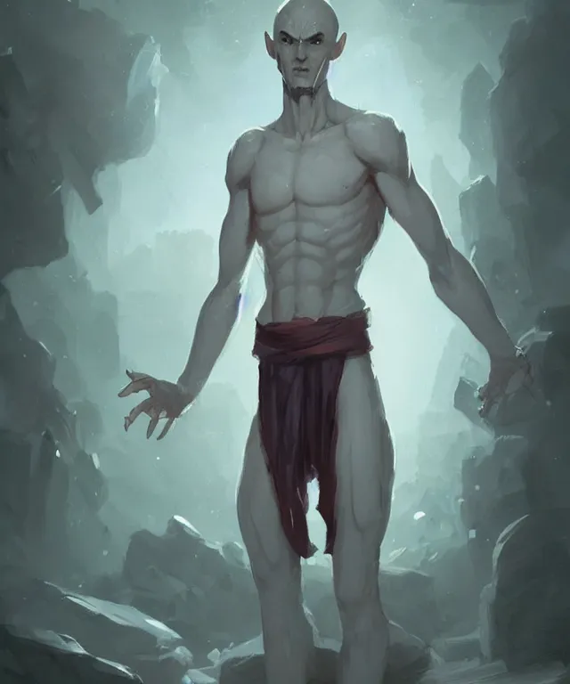 Image similar to a calm young adult male muscular slim blue elf with gey light clothes character design by greg rutkowski