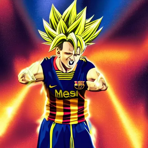 KREA - photograph of Lionel Messi going into super Saiyan