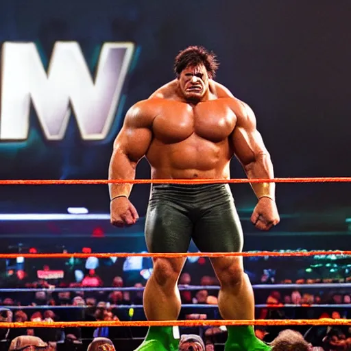 Image similar to photograph of The Incredible Hulk as WWE Champion standing in.a Wrestling ring