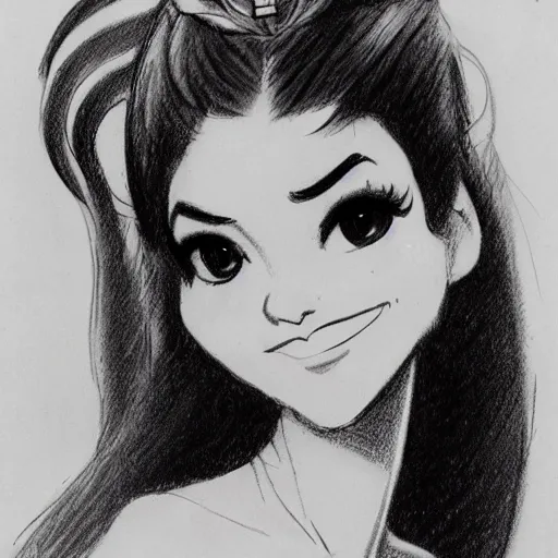 Image similar to milt kahl sketch of victoria justice with done up hair, tendrils covering face and ponytail as princess padme from star wars episode 3