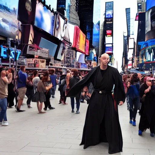 Image similar to a jedi in a battle with voldemort among the people in times square