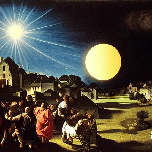 Prompt: dark solar eclipse, above a village, highly detailed, studio 4 k quality, by caravaggio