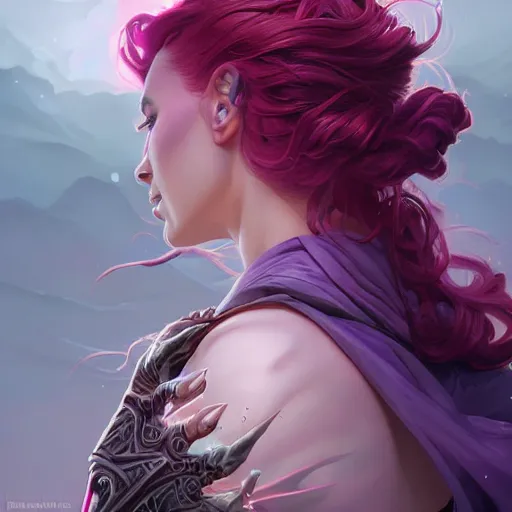 Image similar to necromancer glowing with purple magic, red hair, female, glacier landscape, D&D, fantasy, intricate, elegant, highly detailed, digital painting, artstation, concept art, matte, sharp focus, illustration, art by Artgerm and Greg Rutkowski and Alphonse Mucha