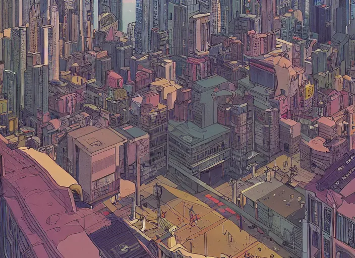 Image similar to an orthographic view of a city at street level, no cars. sharp focus, cinematic pose, cinematic lighting, unreal engine render. art by josan gonzales and moebius and deathburger.