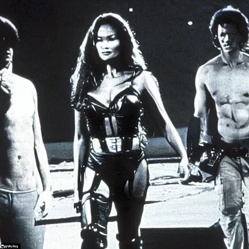 Prompt: movie still, 1 9 8 0 s, tia carrere in sci - fi amazon outfit, hyperdetailed, by ridley scott and john carpenter