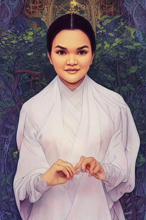 Prompt: portrait of young siti nurhaliza as a lawyer, highly detailed, digital painting, artstation, concept art, sharp focus, illustration, art by kittichai rueangchaichan and james gurney and alphonse mucha