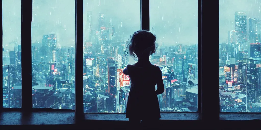 Image similar to overlooking on night city cyberpunk from floor to ceiling window, one little girl, beautiful hair at the back, looking out the window, liminal, cinematic, dreamscape