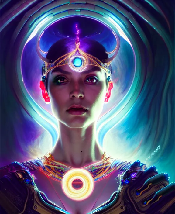 Image similar to a whirlwind of souls rushing inside the metaverse, half body, glowin eyes, tiara with sapphire, pharaoh, android, cyberpunk, d & d, fantasy, intricate, elegant, highly detailed, colorful, vivid color, digital painting, artstation, concept art, art by artgerm and greg rutkowski and alphonse mucha and ruan jia