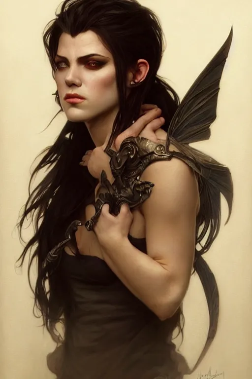 Image similar to photorealistic portrait of a young butch vampire woman, handsome, female, masculine, upper body, fantasy, fierce, sharp features, intricate, elegant, highly detailed, digital painting, artstation, concept art, matte, sharp focus, illustration, art by artgerm and greg rutkowski and alphonse mucha