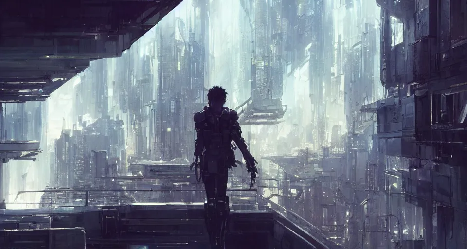 Image similar to a man standing on a balcony above a futuristic city, dramatic lighting, illustration by greg rutkowski, yoji shinkawa, 4 k, digital art, concept art, trending on artstation