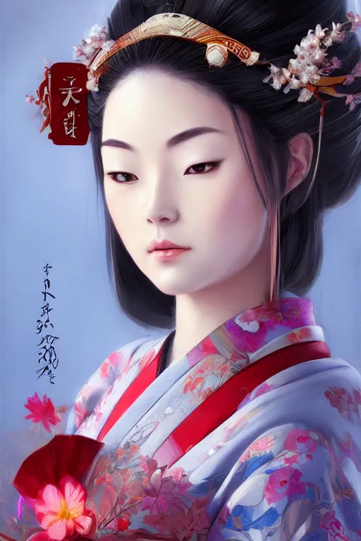 Prompt: Beautiful Geisha Portrait, character portrait art by Mandy Jurgens, 4k portrait, magical mood from japan, cgsociety