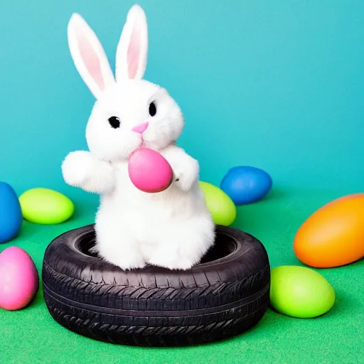 Prompt: easter bunny sitting on a tire, studio photo, high quality