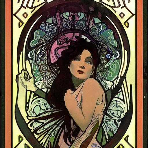 Prompt: occult detective, painted by alphonse mucha