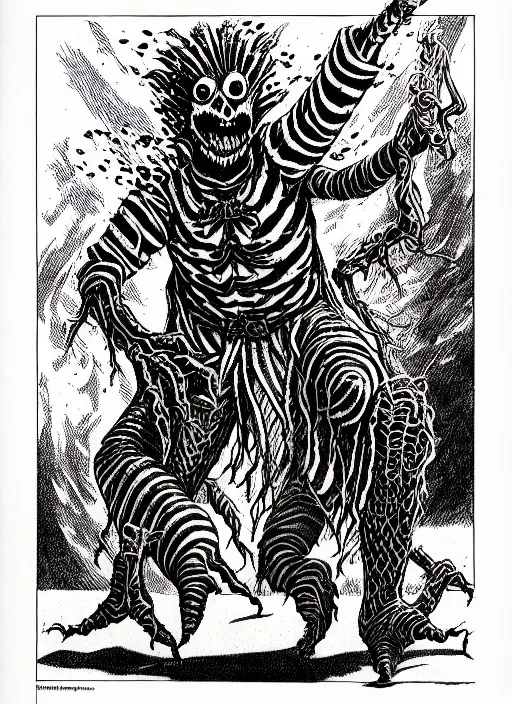 Image similar to the ghost beetlejuice, as a d & d monster, full body, pen - and - ink illustration, etching, by russ nicholson, david a trampier, larry elmore, 1 9 8 1, hq scan, intricate details, inside stylized border