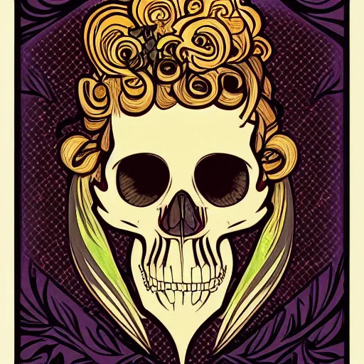 Image similar to ape portrait skull skeleton dreaming in the style of Alphonse Mucha illustration pop art