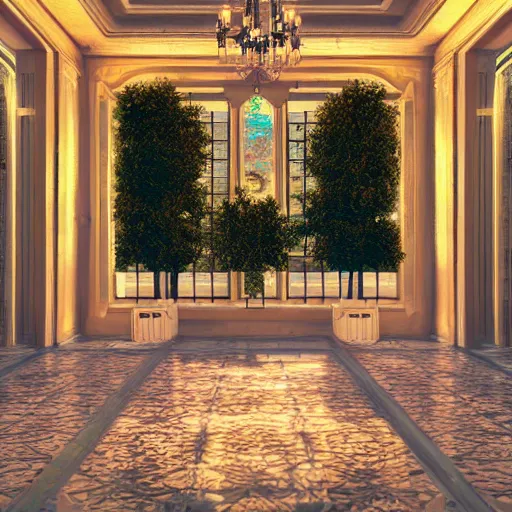 Image similar to vaporwave mansion, liminal space, high detail, rendered in unreal engine, 3d render, god rays, volumetric lighting, large windows, rococo, vegetation, golden frames