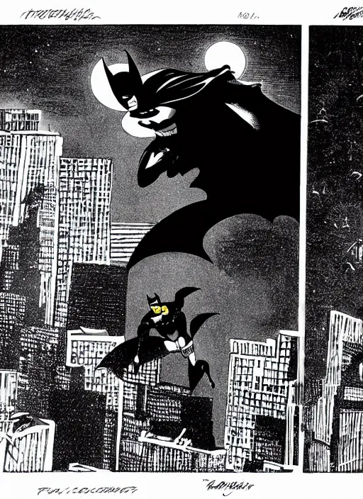 Image similar to batman jumping from a roof at night, moon visible, frank miller