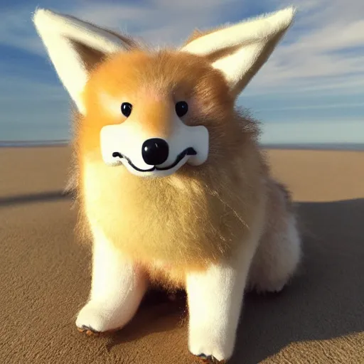Image similar to a photorealistic adorable chubby charming but vicious fennic fox wolf rabbit hybrid, wearing bows on the top of its head, grinning at the camera with a mischievous look, sharp teeth, happy lighting, at a tropical beach