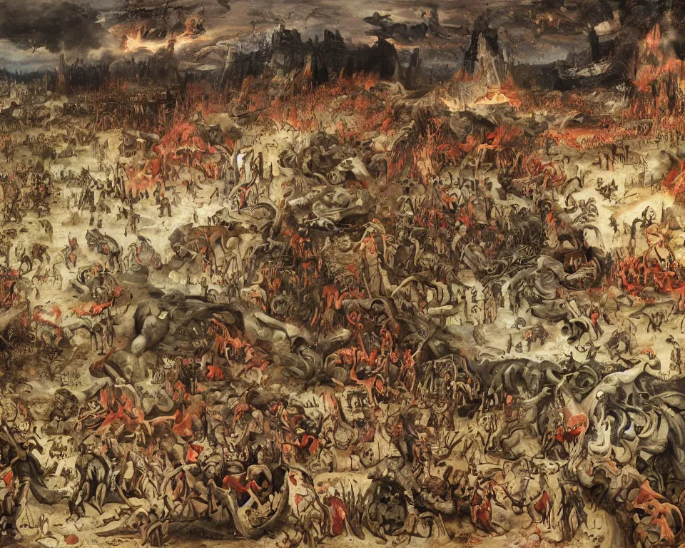 Prompt: doom eternal by jakub rozalski, garden of eternal delights hell by hieronymus bosh, triumph of death by pieter brueghel, doom eternal by hieronymus bosh, sharp focus panorama