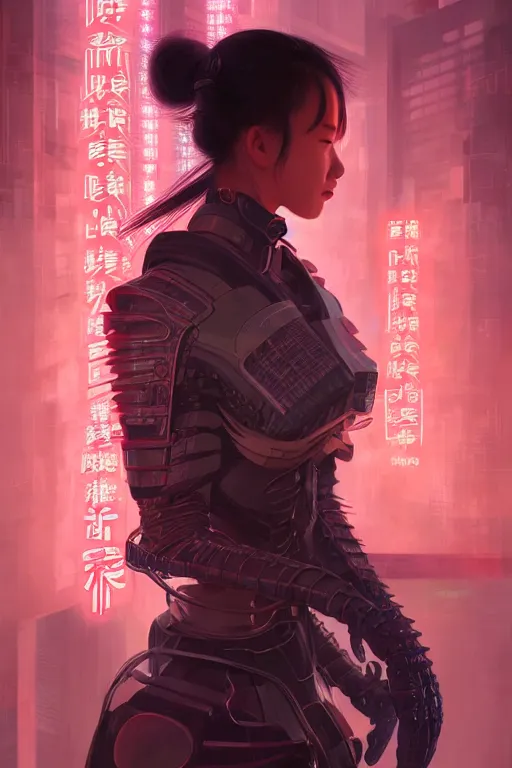 Image similar to portrait futuristic Samurai Girl, in future cyberpunk tokyo rooftop , ssci-fi, fantasy, intricate, very very beautiful, elegant, human anatomy, neon light, highly detailed, digital painting, artstation, concept art, smooth, sharp focus, illustration, art by tian zi and WLOP and alphonse mucha