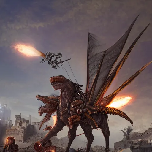 Image similar to warriors on wyverns with steampunk armor flying in a street, warm lighting, destroyed OulanBator, sand, postapocalyptic, photorealism 8k , high details, neat