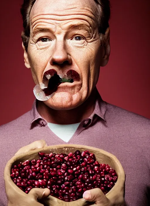 Image similar to bryan cranston bulging cheeks eating cranberries, open mouth filled with cranberries, studio light, bloom, detailed face, magazine, press, photo, steve mccurry, david lazar, canon, nikon, focus