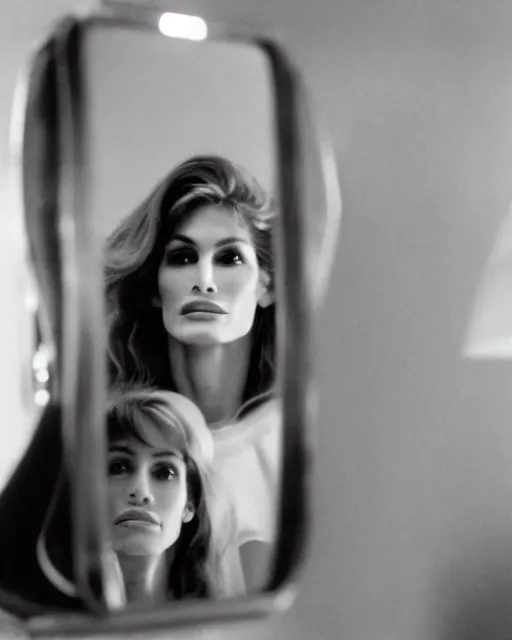 Prompt: cindy crawford looking at the mirror and seeing julia roberts in the reflection, 1970s