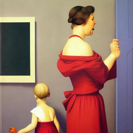 Image similar to a very angry mother is furious with her daughter by Raphael, Hopper, and Rene Magritte. detailed, romantic, enchanting, trending on artstation.