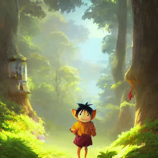 Image similar to concept art painting of an anthropomorphic luffy chipmunk wearing a yellow cloak, holding a lantern, in the deep forest, realistic, detailed, cel shaded, in the style of makoto shinkai and greg rutkowski and james gurney