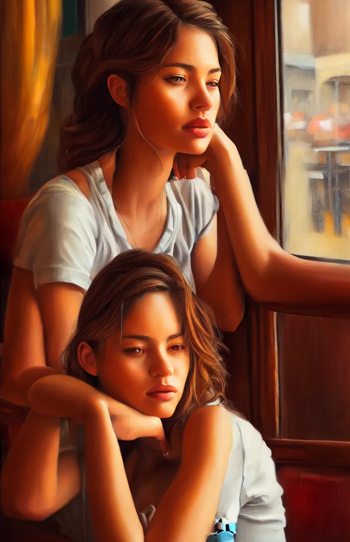 Image similar to a portrait of a beautiful girl sitting in a cafe, cuban setting, warm colors, soft lighting, atmospheric, cinematic, moody, in the style of diego koi, gina heyer, luiz escanuela, art by alyssa monk, hyperrealism, rule of thirds, oil on canvas, 8 k