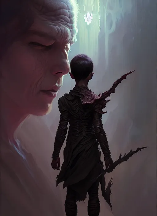 Image similar to fantasy changeling kid revealing his true nature, dim light, front game card, marvel comics, dark, intricate, highly detailed, smooth, artstation, digital illustration by ruan jia and mandy jurgens and artgerm and wayne barlowe and greg rutkowski and zdislav beksinski