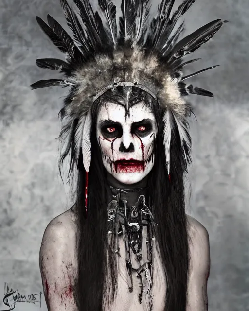 Image similar to the ghost - spirit of the grim - warpaint wears the scarlet skull armor and native blood headdress feathers, midnight fog - mist!, dark oil painting colors, realism, cinematic lighting, various refining methods, micro macro autofocus, ultra definition, award winning photo, photograph by ghostwave - gammell - giger - shadowlord