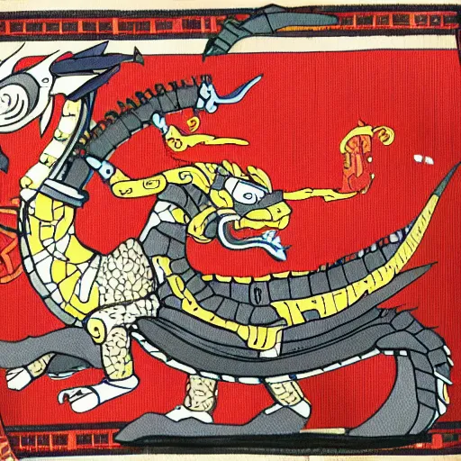 Image similar to robot samurai pets dragon, medieval style, speechclouds