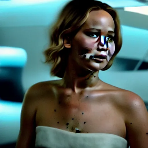 Prompt: cinematic jennifer lawrence, color photography, sharp detail, confused, still from the movie speed racer