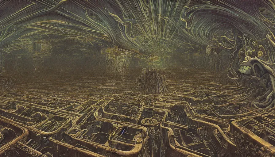 Prompt: the depths of a vast artificial world with massive towering pillars holding the ceiling of the landscape up, detailed, brass coloration, energetic beings patrolling, extreme depth, wayne barlowe and escher collab, godrays, ambient machine automations of brutalist design visible in the foreground